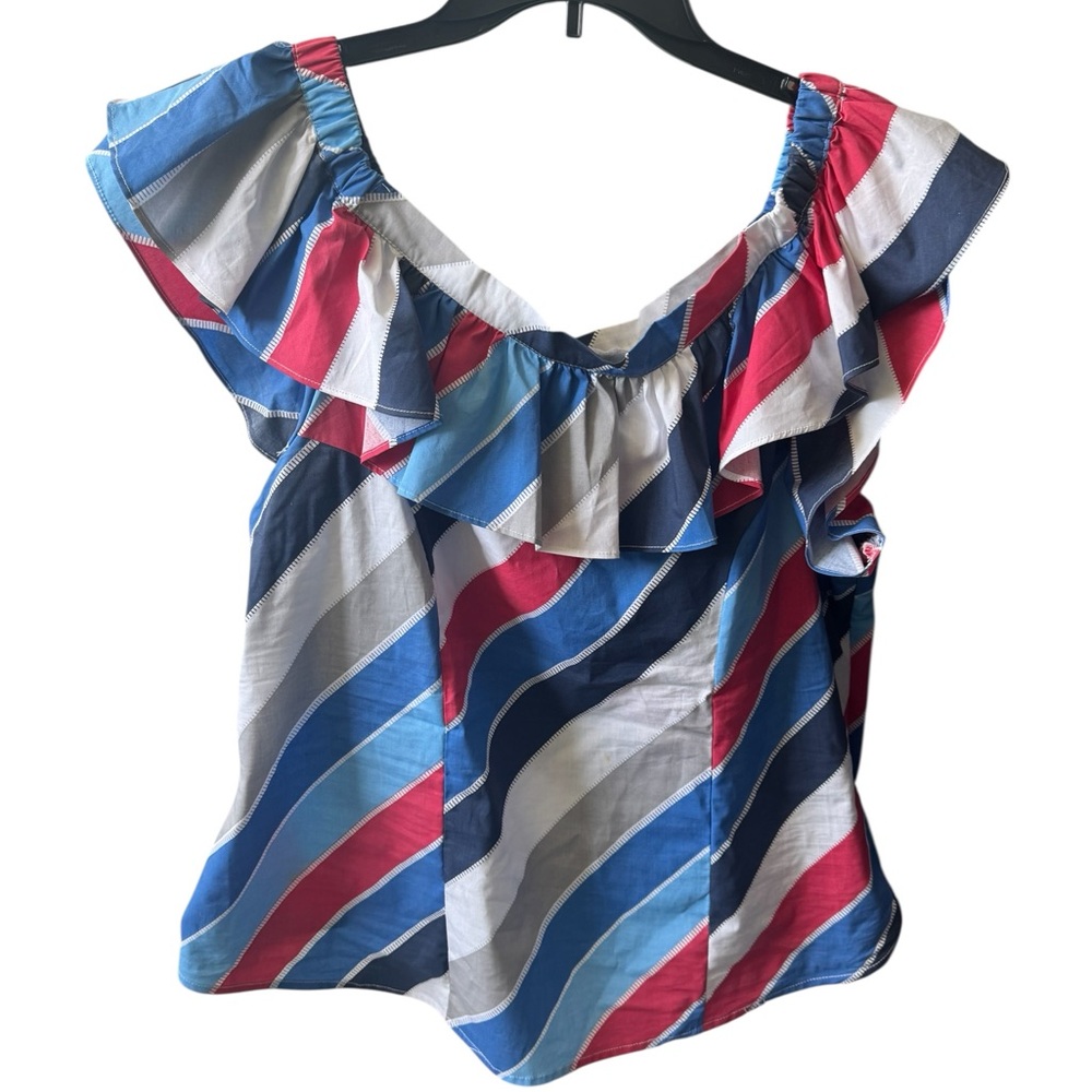 Ashley Stewart Blue and Red Flutter Sleeve Blouse